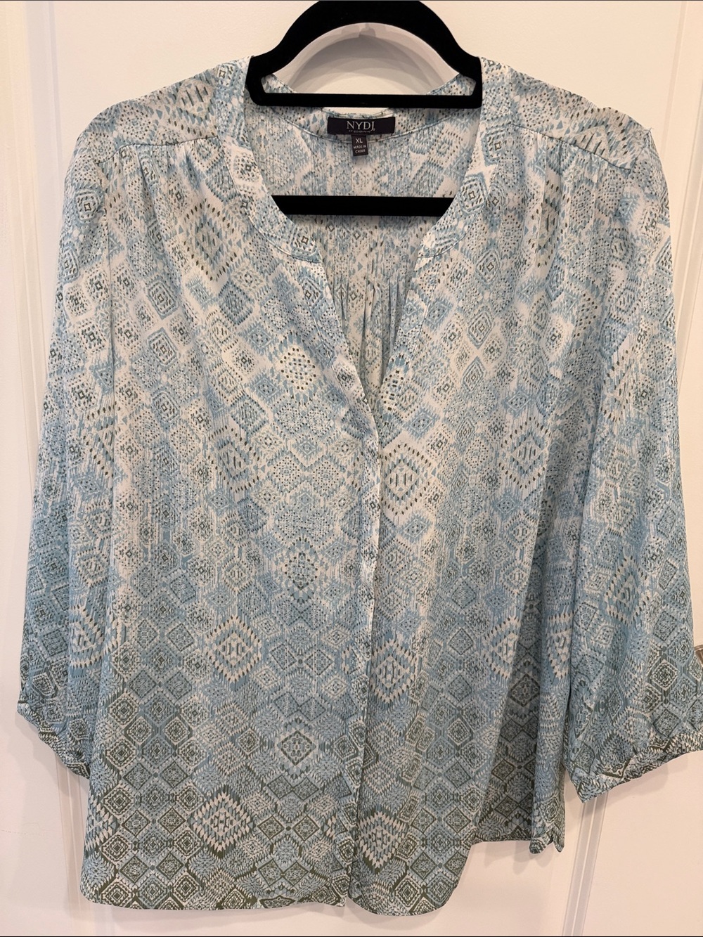 NYDJ Blue and White Geometric Print Button-Front Blouse